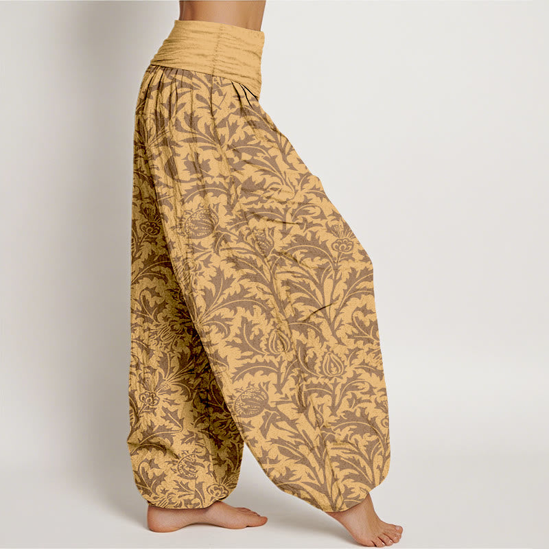 Pantaloni harem da donna con elastico in vita, motivo Buddha Stones, fiori di cotone, boccioli e foglie seghettate - image 7