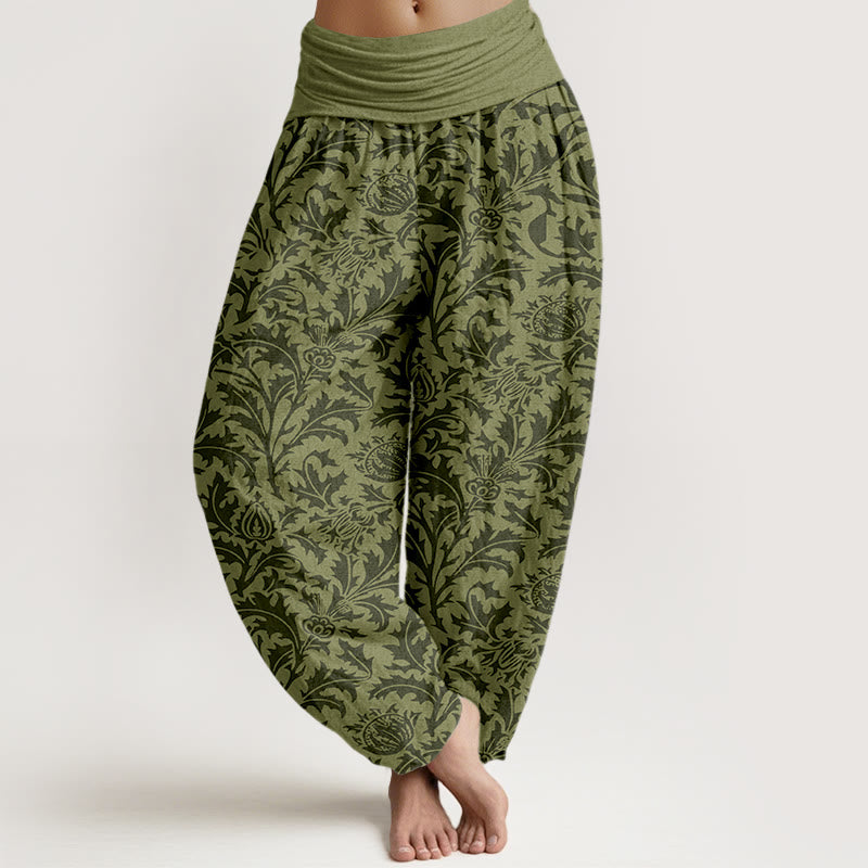 Pantaloni harem da donna con elastico in vita, motivo Buddha Stones, fiori di cotone, boccioli e foglie seghettate - Verde oliva scuro - US16, UK/AU20, EU48 (3XL) - image 8