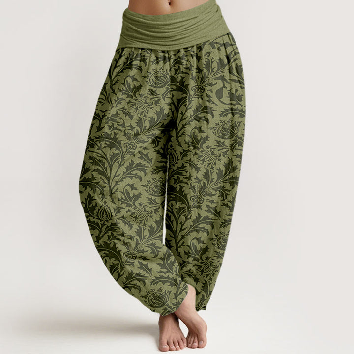 Pantaloni harem da donna con elastico in vita, motivo Buddha Stones, fiori di cotone, boccioli e foglie seghettate - Verde oliva scuro - US16, UK/AU20, EU48 (3XL) - image 8