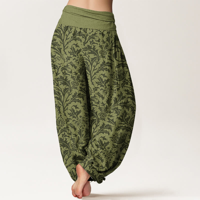 Pantaloni harem da donna con elastico in vita, motivo Buddha Stones, fiori di cotone, boccioli e foglie seghettate - image 9