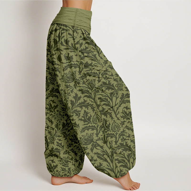 Pantaloni harem da donna con elastico in vita, motivo Buddha Stones, fiori di cotone, boccioli e foglie seghettate - image 10