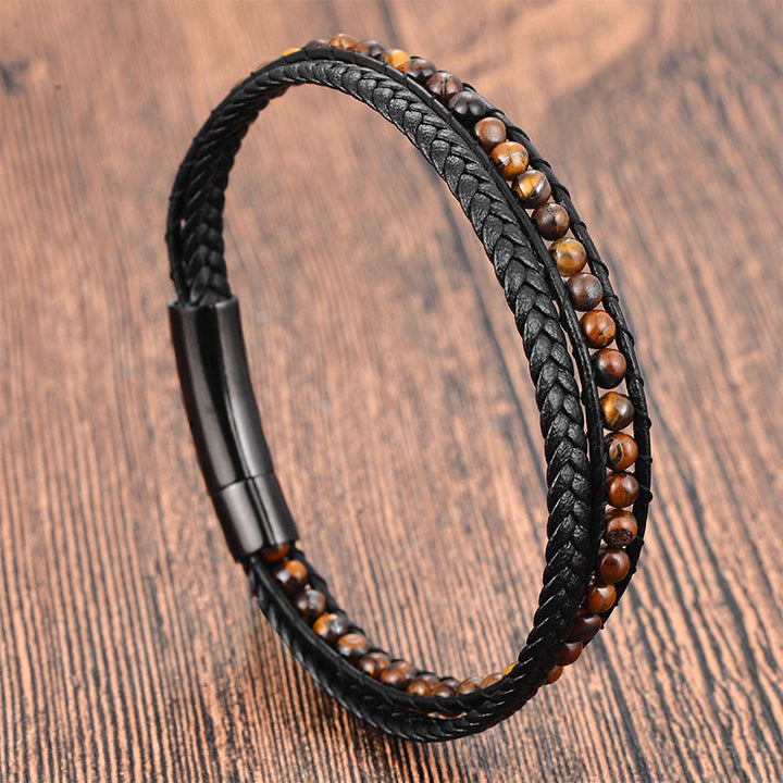 Bracciale in pelle rinforzata con protezione in acciaio al titanio e occhio di tigre Buddha Stones - Occhio di tigre (circonferenza del polso: 18-19 cm) - image 0