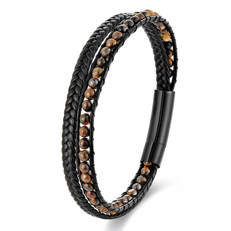 Bracciale in pelle rinforzata con protezione in acciaio al titanio e occhio di tigre Buddha Stones - image 8