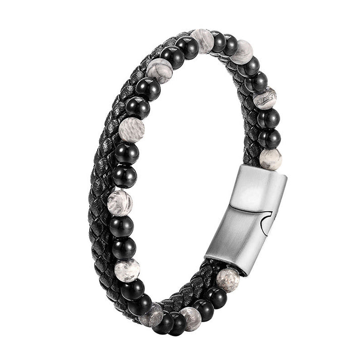 Bracciale in pelle con stabilità in acciaio al titanio, onice nero, diaspro grigio Buddha Stones - image 9
