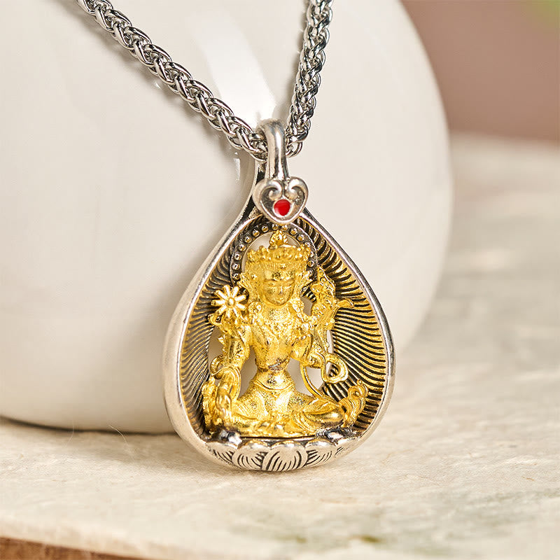 Collana con ciondolo portafortuna in argento placcato rame con catena a maglie, Buddha Stones Shakyamuni, Tara Verde e Pietre del Buddha - image 1