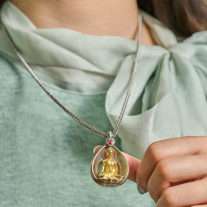 Collana con ciondolo portafortuna in argento placcato rame con catena a maglie, Buddha Stones Shakyamuni, Tara Verde e Pietre del Buddha - image 13