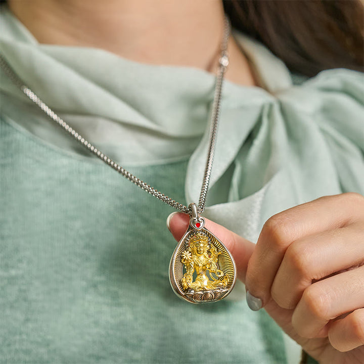 Collana con ciondolo portafortuna in argento placcato rame con catena a maglie, Buddha Stones Shakyamuni, Tara Verde e Pietre del Buddha - image 5