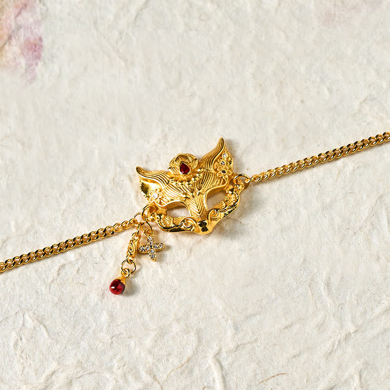 Bracciale con catena a nappa e ciondolo a forma di maschera di volpe in ottone placcato oro 24k Buddha Stones - image 5