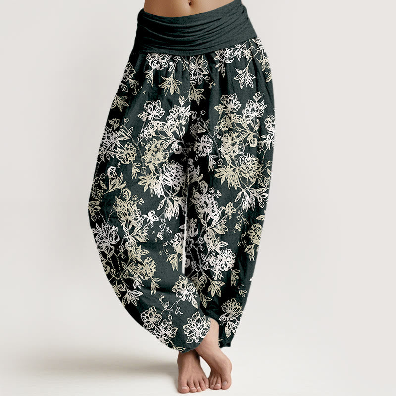 Pantaloni harem da donna con elastico in vita e motivo a petali a strati retrò in cotone Buddha Stones - Nero - US16, UK/AU20, EU48 (3XL) - image 0