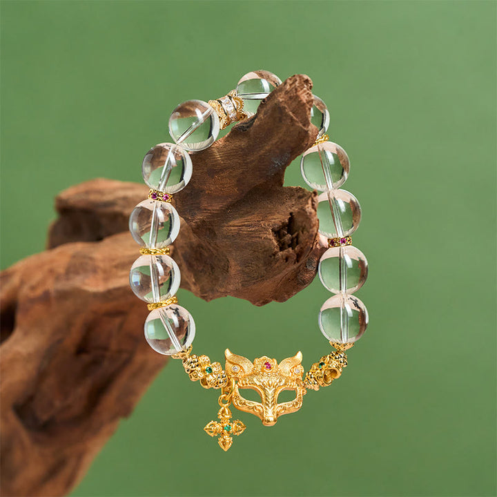 Braccialetto di protezione con perline di cristallo bianco e ciondolo a forma di croce di volpe Buddha Stones - image 1