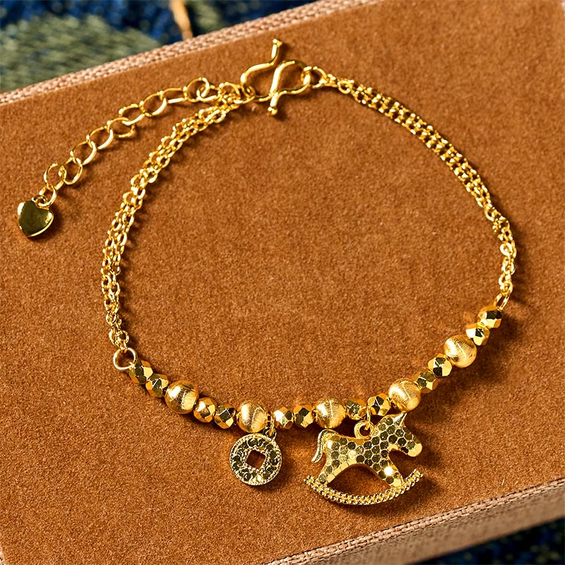 Bracciale portafortuna in rame placcato oro 24k con moneta e ciondolo a Buddha Stones zodiaco cinese dell'anno del cavallo - Cavallo (circonferenza del polso: 14-16 cm) - image 0