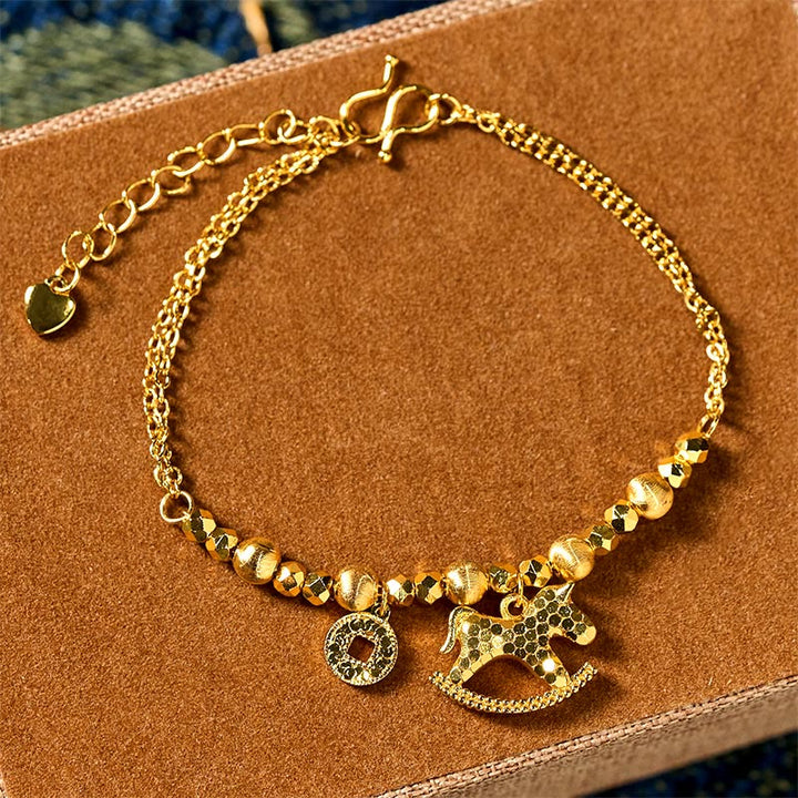 Bracciale portafortuna in rame placcato oro 24k con moneta e ciondolo a Buddha Stones zodiaco cinese dell'anno del cavallo - Cavallo (circonferenza del polso: 14-16 cm) - image 0