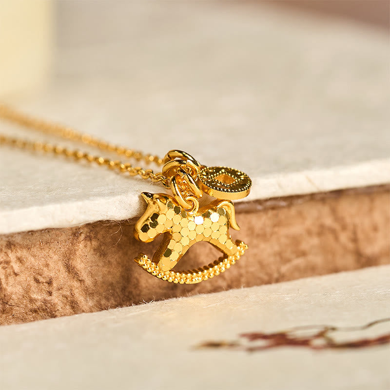 Collana con ciondolo a forma di moneta in rame placcato oro 24k Buddha Stones dell'anno del cavallo - Cavallo a dondolo in rame - image 0