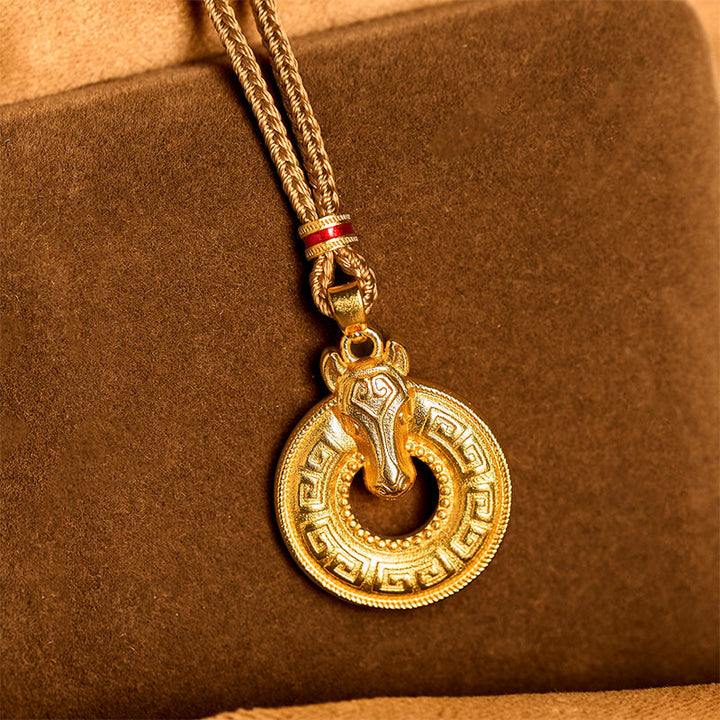 Collana con ciondolo energetico in rame placcato oro con fibbia della pace dell'anno del cavallo Buddha Stones Fu Character - image 3