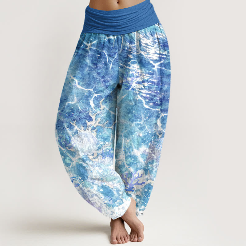 Pantaloni harem da donna con elastico in vita, motivo corallo e conchiglie dell'oceano vivace in cotone Buddha Stones - DodgerBlue - US16, UK/AU20, EU48 (3XL) - image 0