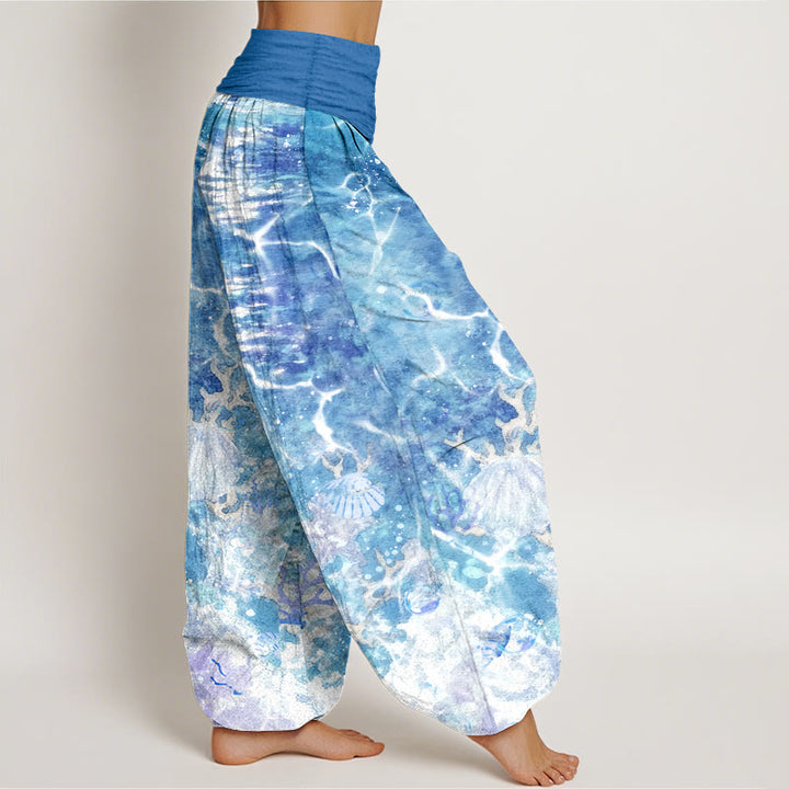 Pantaloni harem da donna con elastico in vita, motivo corallo e conchiglie dell'oceano vivace in cotone Buddha Stones - image 2