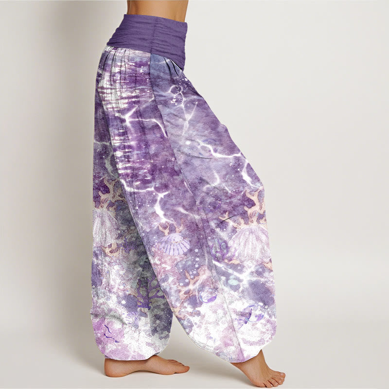 Pantaloni harem da donna con elastico in vita, motivo corallo e conchiglie dell'oceano vivace in cotone Buddha Stones - image 7
