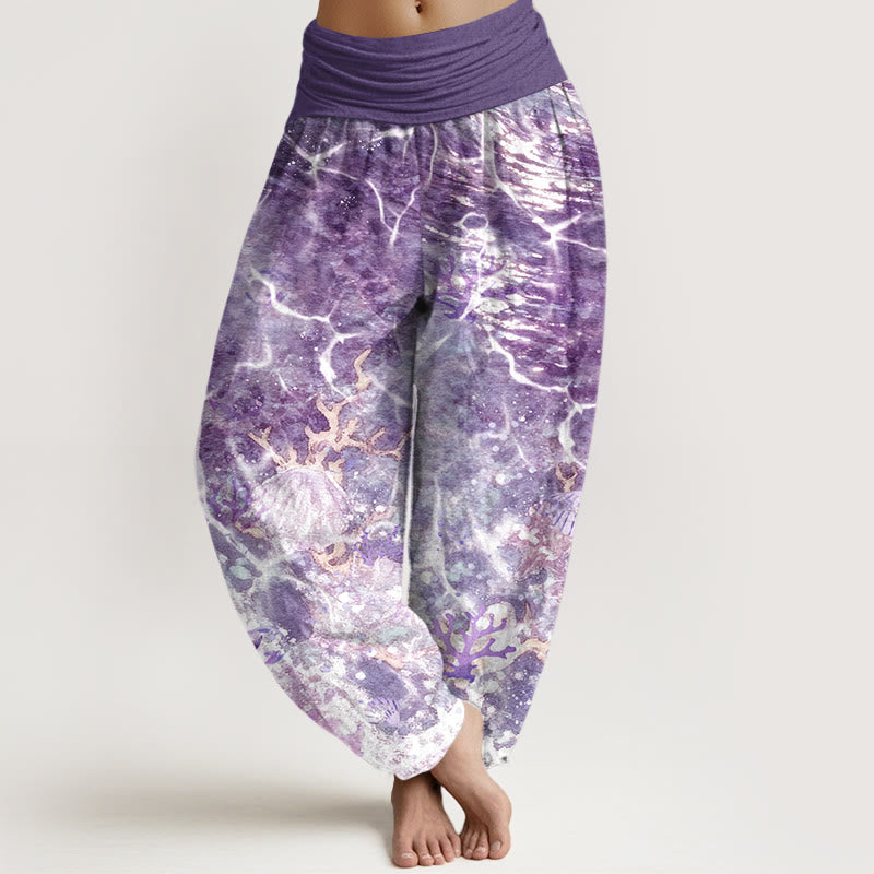 Pantaloni harem da donna con elastico in vita, motivo corallo e conchiglie dell'oceano vivace in cotone Buddha Stones - Viola scuro - US16, UK/AU20, EU48 (3XL) - image 5