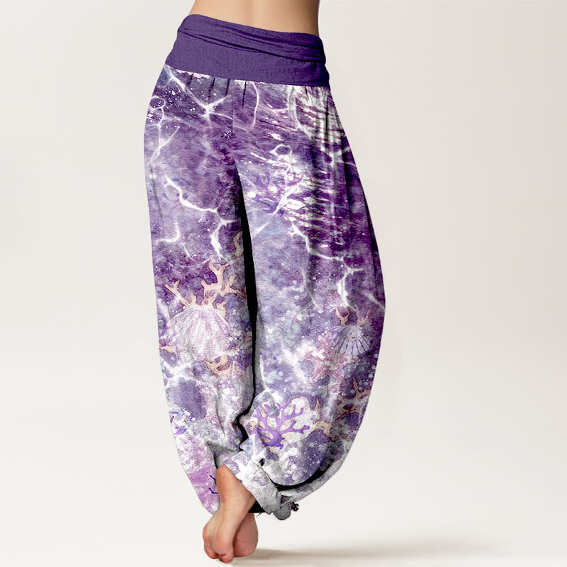 Pantaloni harem da donna con elastico in vita, motivo corallo e conchiglie dell'oceano vivace in cotone Buddha Stones - image 6