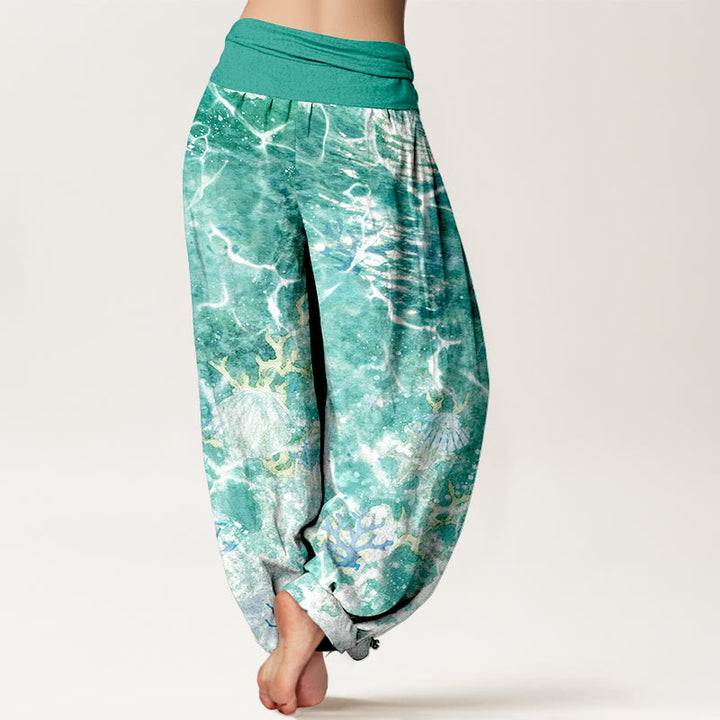 Pantaloni harem da donna con elastico in vita, motivo corallo e conchiglie dell'oceano vivace in cotone Buddha Stones - image 9