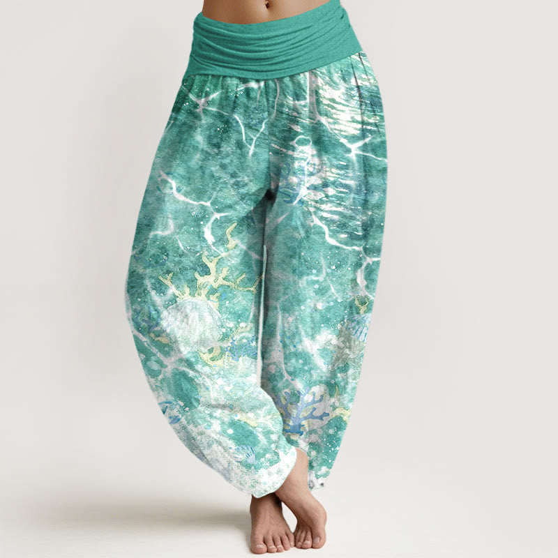 Pantaloni harem da donna con elastico in vita, motivo corallo e conchiglie dell'oceano vivace in cotone Buddha Stones - Verde Mare Chiaro - US16, UK/AU20, EU48 (3XL) - image 8