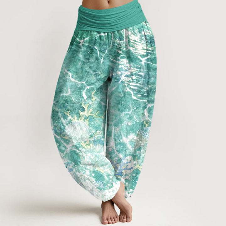 Pantaloni harem da donna con elastico in vita, motivo corallo e conchiglie dell'oceano vivace in cotone Buddha Stones - VerdeMare Chiaro - US16, UK/AU20, EU48 (3XL) - image 8