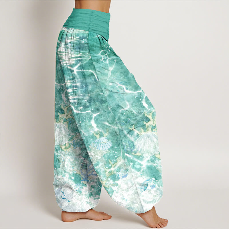 Pantaloni harem da donna con elastico in vita, motivo corallo e conchiglie dell'oceano vivace in cotone Buddha Stones - image 10