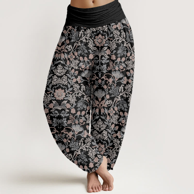 Pantaloni harem da donna con elastico in vita, motivo a foglie di vite e fiori in puro cotone, motivo Buddha Stones - Nero - US16, UK/AU20, EU48 (3XL) - image 0
