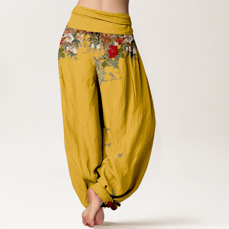 Pantaloni harem da donna con elastico in vita, in puro cotone, con motivi di foglie e fiori colorati, motivo Buddha Stones - image 1
