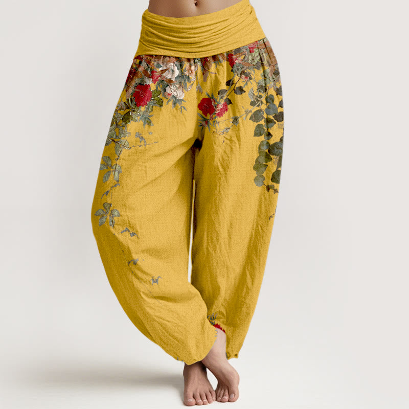 Pantaloni harem da donna con elastico in vita, in puro cotone, con motivi di foglie e fiori colorati, motivo Buddha Stones - Oro - US16, UK/AU20, EU48 (3XL) - image 0