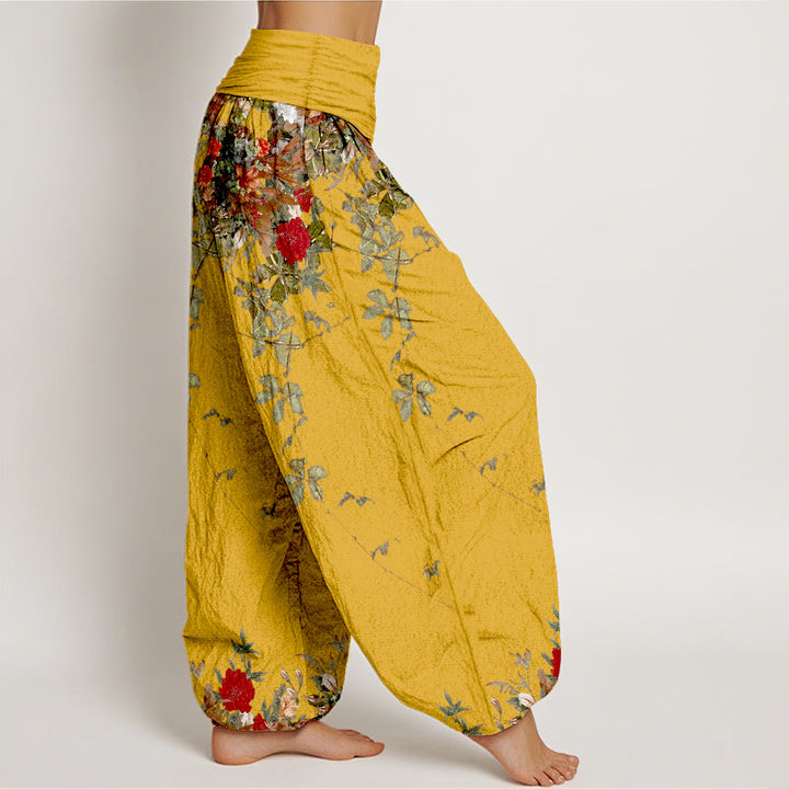 Pantaloni harem da donna con elastico in vita, in puro cotone, con motivi di foglie e fiori colorati, motivo Buddha Stones - image 2