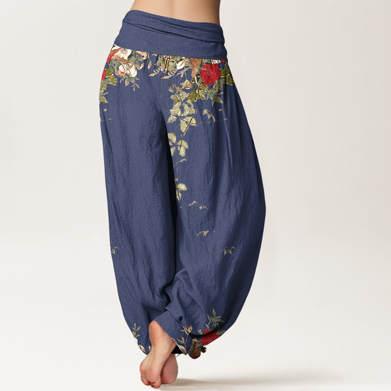 Pantaloni harem da donna con elastico in vita, in puro cotone, con motivi di foglie e fiori colorati, motivo Buddha Stones - image 6