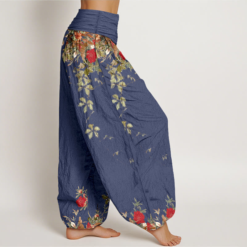 Pantaloni harem da donna con elastico in vita, in puro cotone, con motivi di foglie e fiori colorati, motivo Buddha Stones - image 7