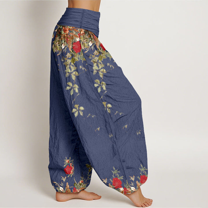 Pantaloni harem da donna con elastico in vita, in puro cotone, con motivi di foglie e fiori colorati, motivo Buddha Stones - image 7