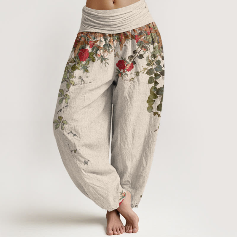 Pantaloni harem da donna con elastico in vita, in puro cotone, con motivi di foglie e fiori colorati, motivo Buddha Stones - Beige - US16, UK/AU20, EU48 (3XL) - image 8