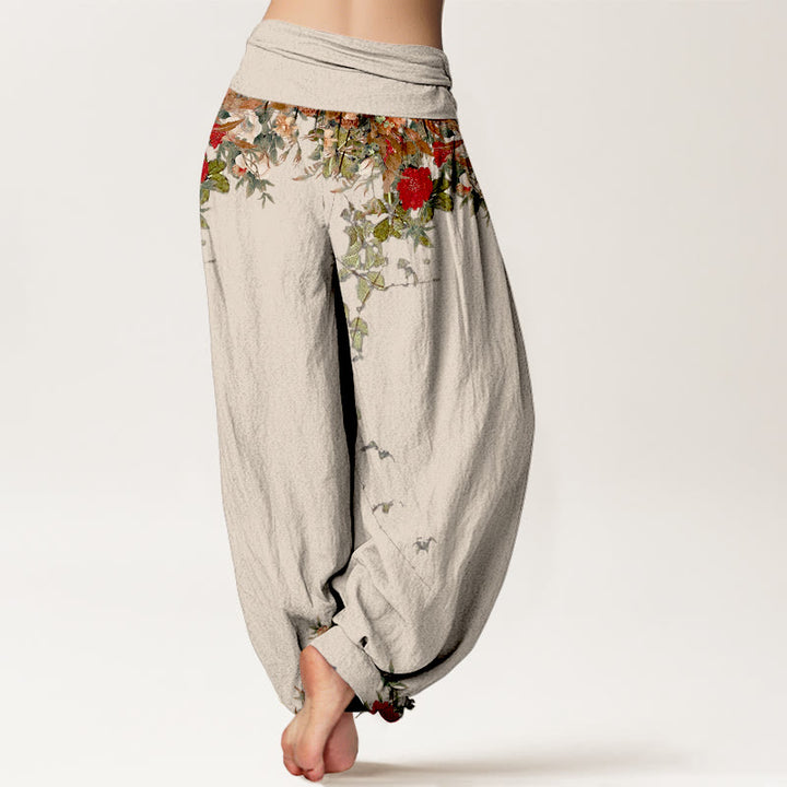 Pantaloni harem da donna con elastico in vita, in puro cotone, con motivi di foglie e fiori colorati, motivo Buddha Stones - image 9