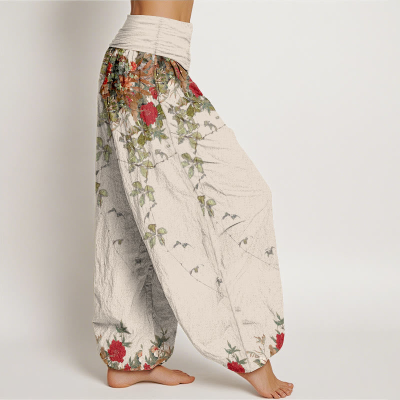 Pantaloni harem da donna con elastico in vita, in puro cotone, con motivi di foglie e fiori colorati, motivo Buddha Stones - image 10