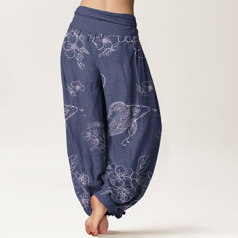 Pantaloni harem da donna con elastico in vita, in puro cotone, con motivi floreali e pesci koi, motivo Buddha Stones - image 1