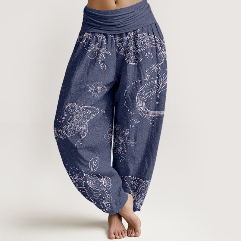 Pantaloni harem da donna con elastico in vita, in puro cotone, con motivi floreali e pesci koi, motivo Buddha Stones - DarkSlateBlue - US16, UK/AU20, EU48 (3XL) - image 0