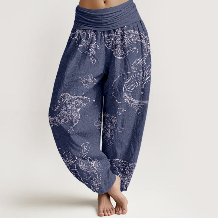 Pantaloni harem da donna con elastico in vita, in puro cotone, con motivi floreali e pesci koi, motivo Buddha Stones - DarkSlateBlue - US16, UK/AU20, EU48 (3XL) - image 0