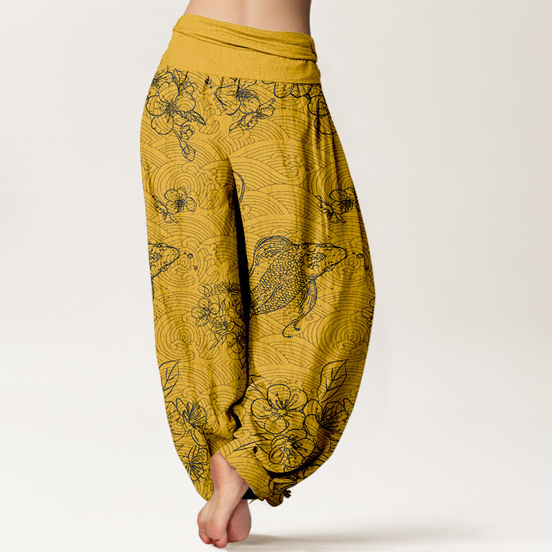 Pantaloni harem da donna con elastico in vita, in puro cotone, con motivi floreali e pesci koi, motivo Buddha Stones - image 6