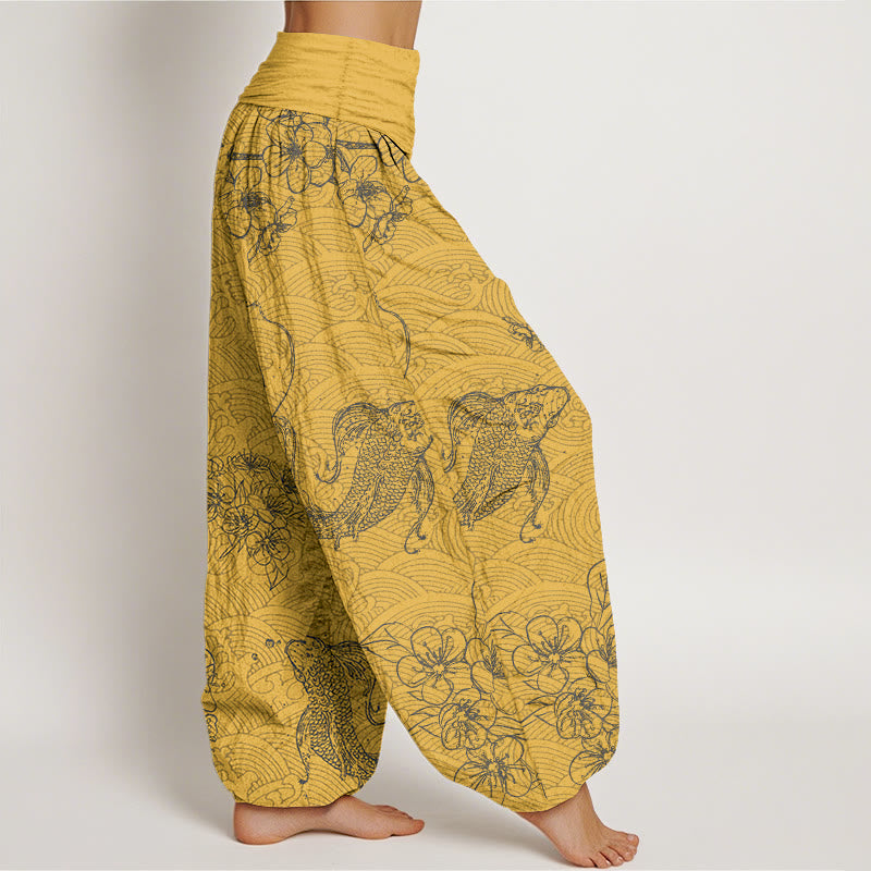 Pantaloni harem da donna con elastico in vita, in puro cotone, con motivi floreali e pesci koi, motivo Buddha Stones - image 7