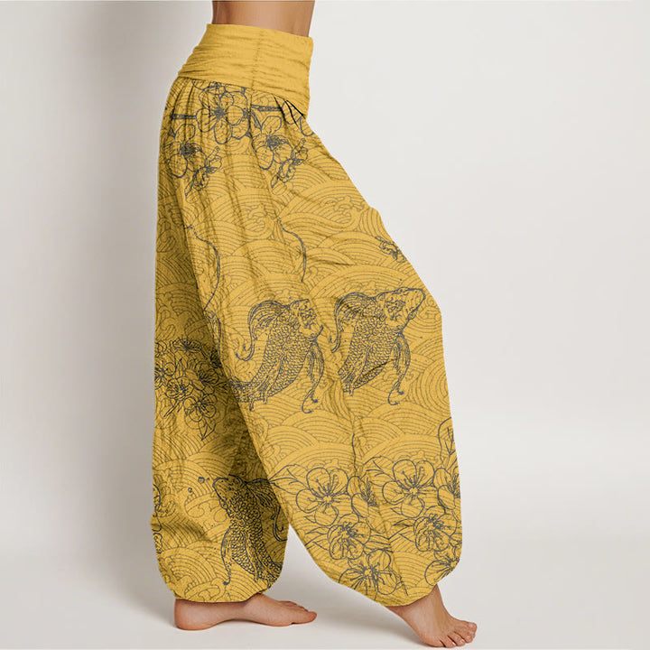 Pantaloni harem da donna con elastico in vita, in puro cotone, con motivi floreali e pesci koi, motivo Buddha Stones - image 7