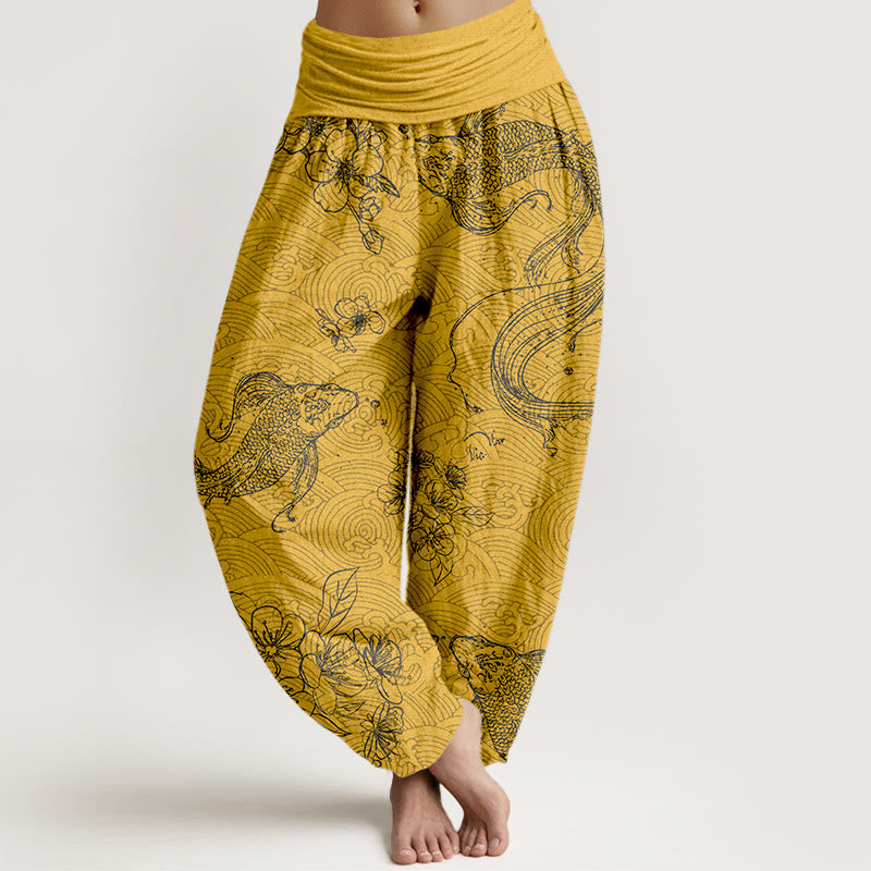 Pantaloni harem da donna con elastico in vita, in puro cotone, con motivi floreali e pesci koi, motivo Buddha Stones - Oro - US16, UK/AU20, EU48 (3XL) - image 5