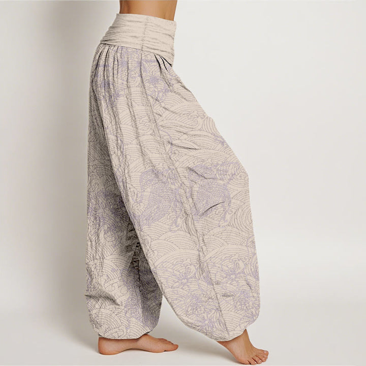 Pantaloni harem da donna con elastico in vita, in puro cotone, con motivi floreali e pesci koi, motivo Buddha Stones - image 9