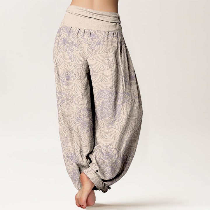Pantaloni harem da donna con elastico in vita, in puro cotone, con motivi floreali e pesci koi, motivo Buddha Stones - image 10