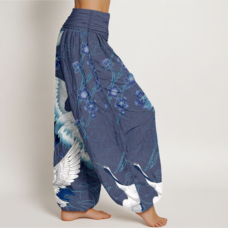 Pantaloni harem da donna con elastico in vita, in puro Buddha Stones , con gru, fiori e nuvole - image 2