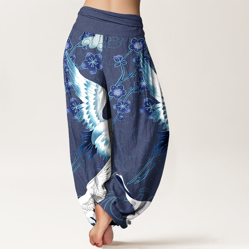 Pantaloni harem da donna con elastico in vita, in puro Buddha Stones , con gru, fiori e nuvole - image 1