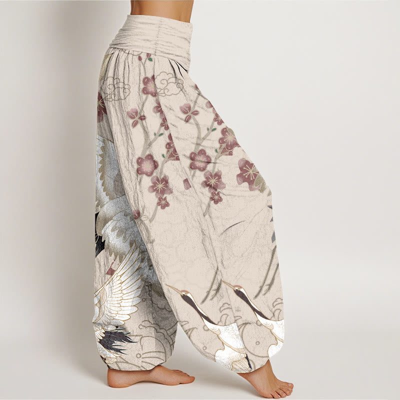 Pantaloni harem da donna con elastico in vita, in puro Buddha Stones , con gru, fiori e nuvole - image 7