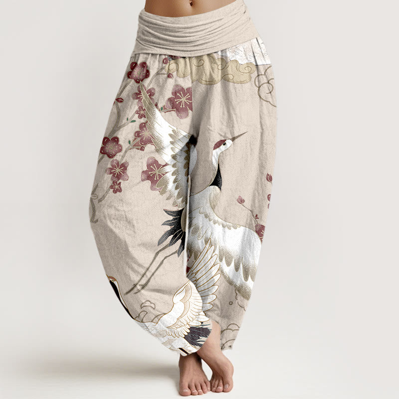 Pantaloni harem da donna con elastico in vita, in puro Buddha Stones , con gru, fiori e nuvole - PapayaWhip - US16, UK/AU20, EU48 (3XL) - image 5